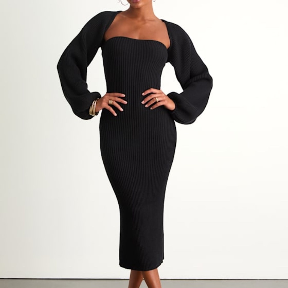 Lulus Autumn Aura Black Ribbed Two-piece Sweater Dress - Size S